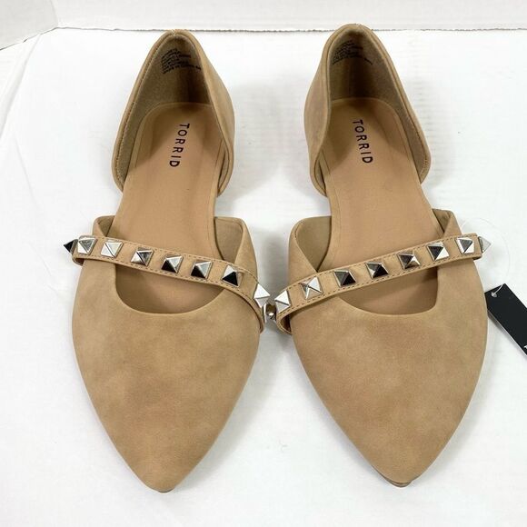 9WW Torrid Tan Faux Leather D’Orsay Studded Pointed Toe Ballet Flats - Picture 1 of 6